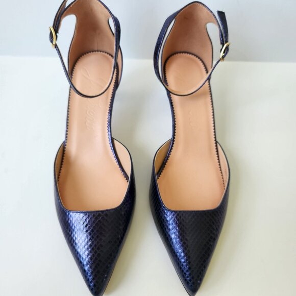 J Crew Collection Pointed-Toe Kitten Heels Metallic Navy Snake Ankle Strap 8.5 - Picture 2 of 11